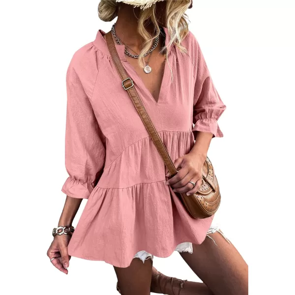 LYANER Women’s Peplum Blouse V Neck Ruched Layer 3/4 Sleeve Ruffle Blouse Babydoll Tops