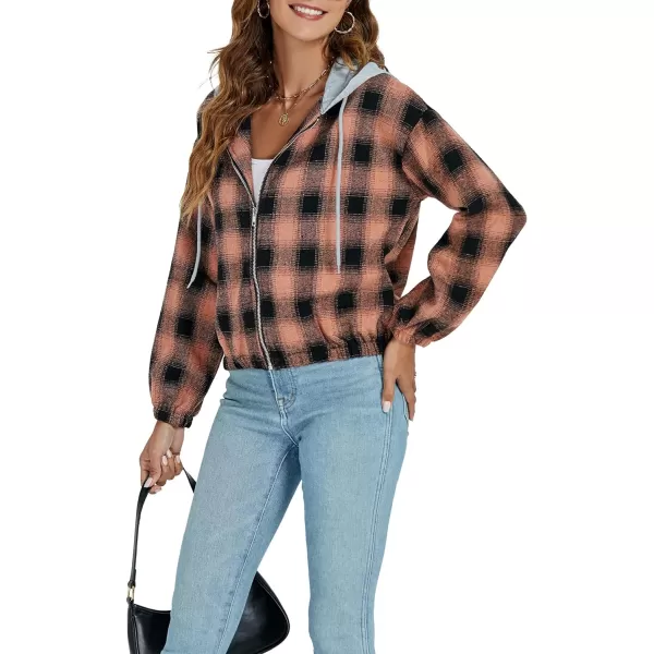 LYANER Women's Plaid Full Zip Up Long Sleeve Drawstring Hoodie Top Sweatshirt