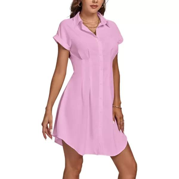 LYANER Women's Pleated Waist Collar Button Down Short Sleeve Mini Short Shirt Dress