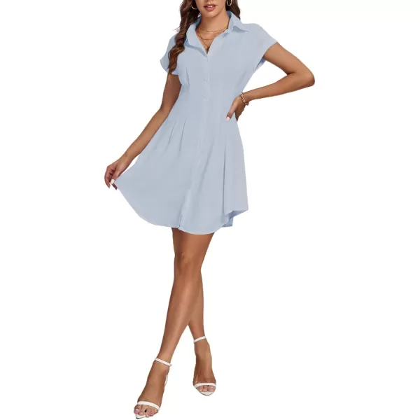 LYANER Women's Pleated Waist Collar Button Down Short Sleeve Mini Short Shirt Dress