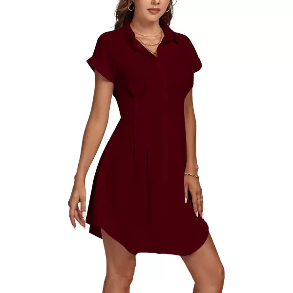 LYANER Women's Pleated Waist Collar Button Down Short Sleeve Mini Short Shirt Dress