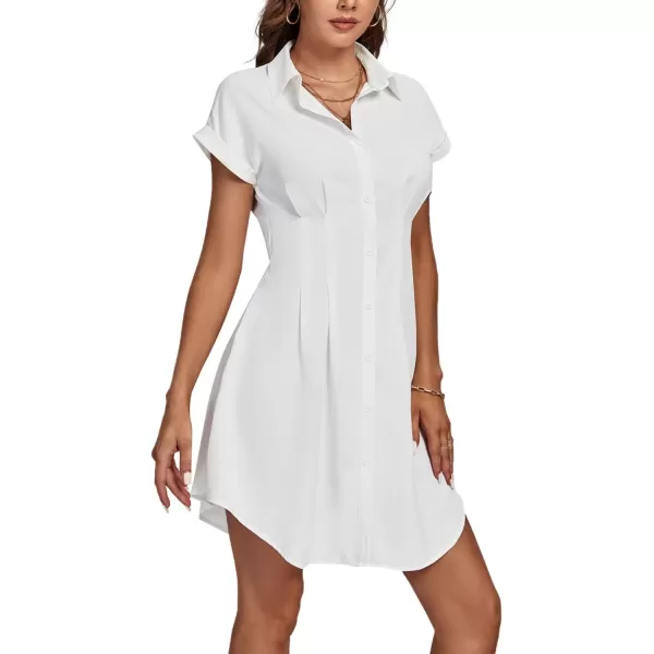 LYANER Women's Pleated Waist Collar Button Down Short Sleeve Mini Short Shirt Dress