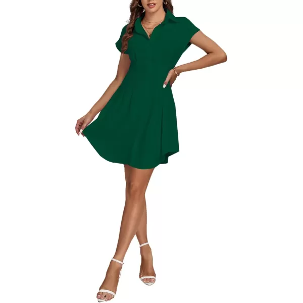 LYANER Women's Pleated Waist Collar Button Down Short Sleeve Mini Short Shirt Dress