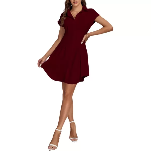 LYANER Women's Pleated Waist Collar Button Down Short Sleeve Mini Short Shirt Dress