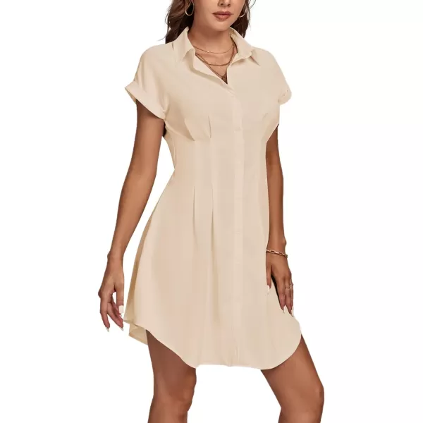 LYANER Women's Pleated Waist Collar Button Down Short Sleeve Mini Short Shirt Dress