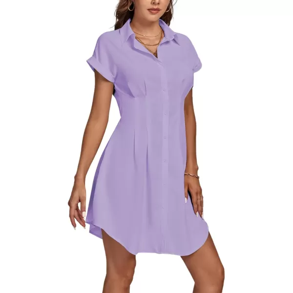 LYANER Women's Pleated Waist Collar Button Down Short Sleeve Mini Short Shirt Dress