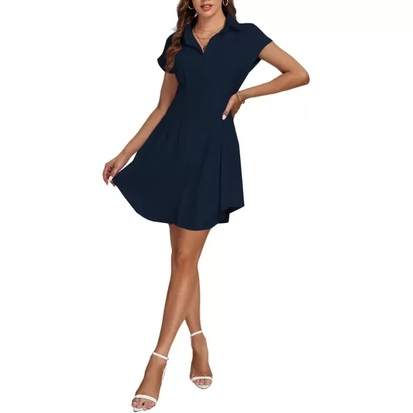 LYANER Women's Pleated Waist Collar Button Down Short Sleeve Mini Short Shirt Dress