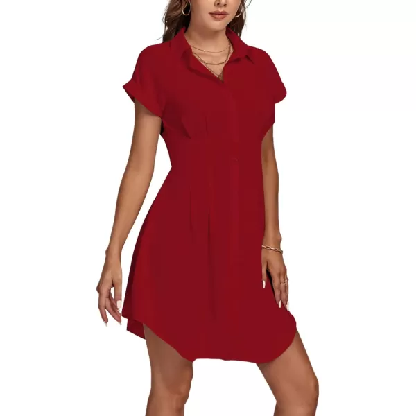 LYANER Women's Pleated Waist Collar Button Down Short Sleeve Mini Short Shirt Dress