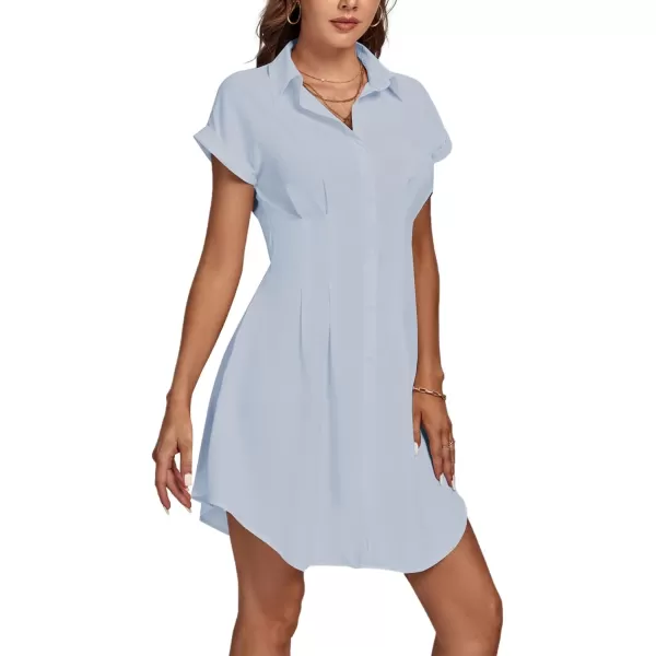 LYANER Women's Pleated Waist Collar Button Down Short Sleeve Mini Short Shirt Dress
