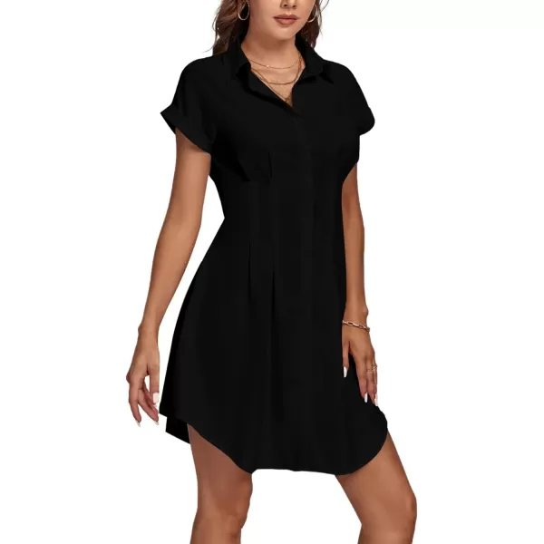 LYANER Women's Pleated Waist Collar Button Down Short Sleeve Mini Short Shirt Dress