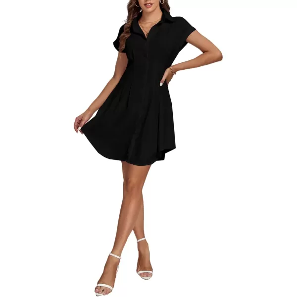 LYANER Women's Pleated Waist Collar Button Down Short Sleeve Mini Short Shirt Dress