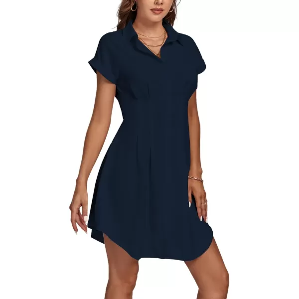 LYANER Women's Pleated Waist Collar Button Down Short Sleeve Mini Short Shirt Dress