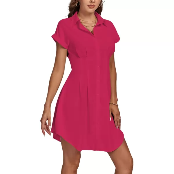 LYANER Women's Pleated Waist Collar Button Down Short Sleeve Mini Short Shirt Dress