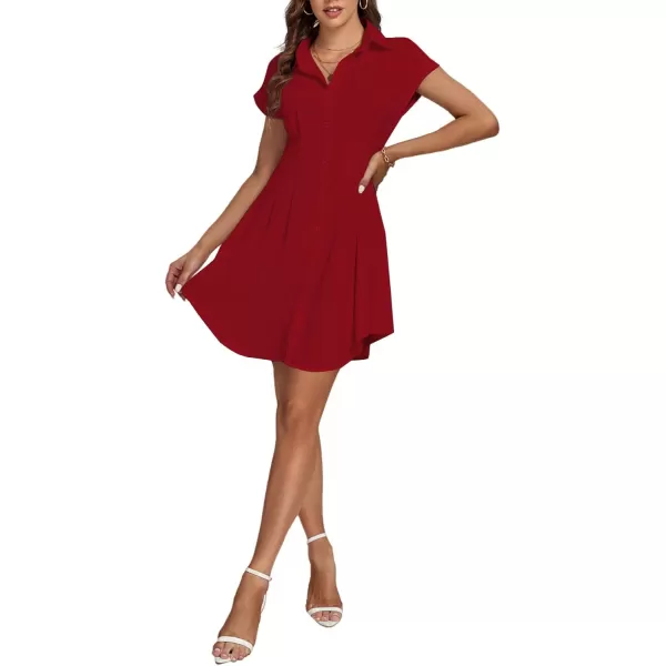 LYANER Women's Pleated Waist Collar Button Down Short Sleeve Mini Short Shirt Dress