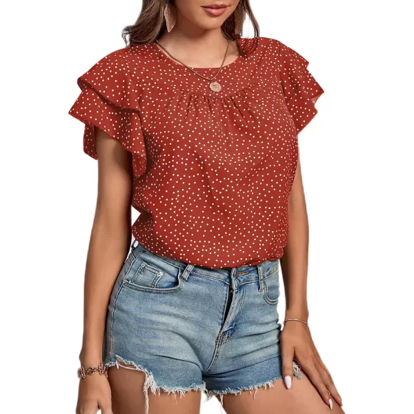 LYANER Women's Polka Dots Scoop Neck Layer Ruffle Trim Short Sleeve Blouse Shirt Top