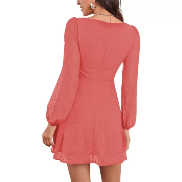 LYANER Women's Polka Dots Square Neck A line Long Sleeve Swiss Dots Mini Dress