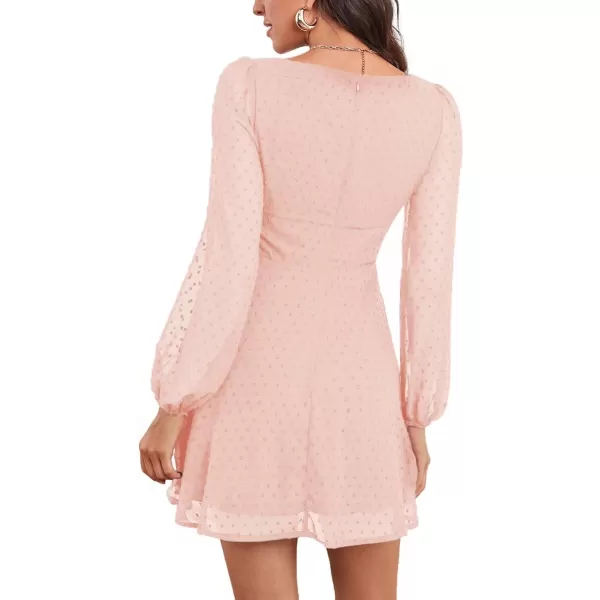 LYANER Women's Polka Dots Square Neck A line Long Sleeve Swiss Dots Mini Dress