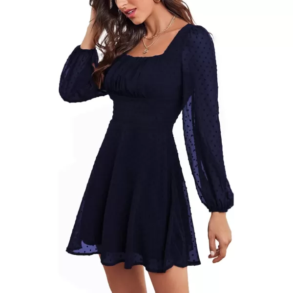 LYANER Women's Polka Dots Square Neck A line Long Sleeve Swiss Dots Mini Dress