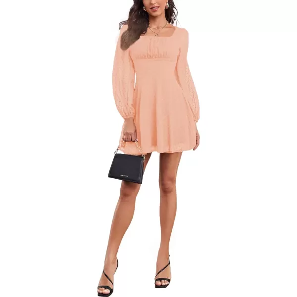 LYANER Women's Polka Dots Square Neck A line Long Sleeve Swiss Dots Mini Dress