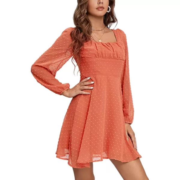LYANER Women's Polka Dots Square Neck A line Long Sleeve Swiss Dots Mini Dress