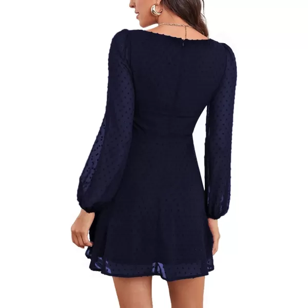 LYANER Women's Polka Dots Square Neck A line Long Sleeve Swiss Dots Mini Dress