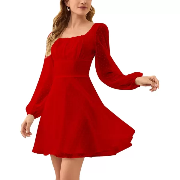 LYANER Women's Polka Dots Square Neck A line Long Sleeve Swiss Dots Mini Dress