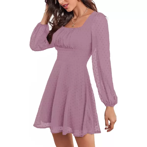 LYANER Women's Polka Dots Square Neck A line Long Sleeve Swiss Dots Mini Dress
