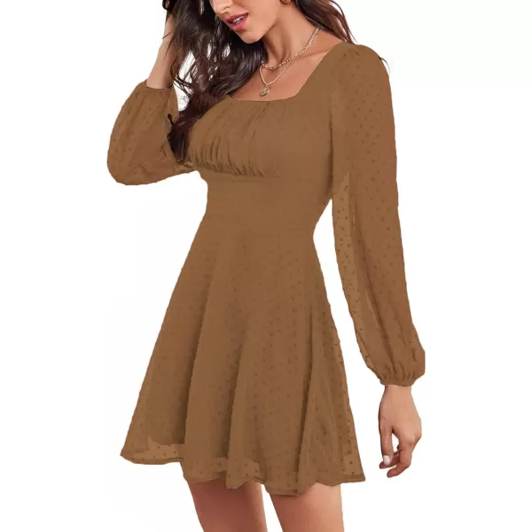 LYANER Women's Polka Dots Square Neck A line Long Sleeve Swiss Dots Mini Dress