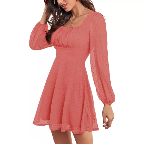 LYANER Women's Polka Dots Square Neck A line Long Sleeve Swiss Dots Mini Dress