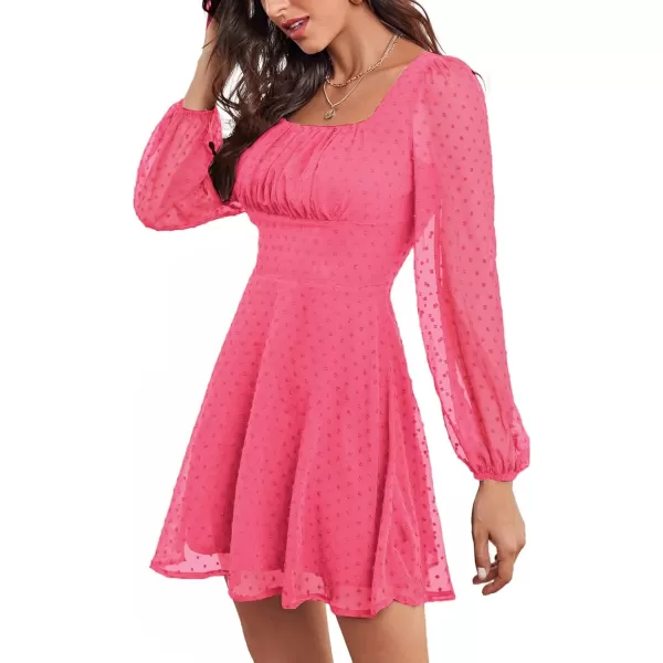 LYANER Women's Polka Dots Square Neck A line Long Sleeve Swiss Dots Mini Dress