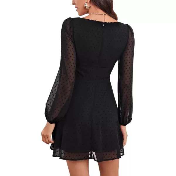 LYANER Women's Polka Dots Square Neck A line Long Sleeve Swiss Dots Mini Dress