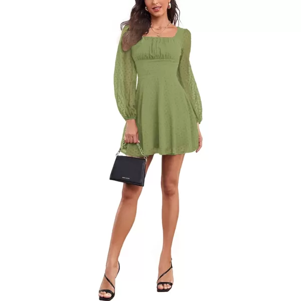 LYANER Women's Polka Dots Square Neck A line Long Sleeve Swiss Dots Mini Dress