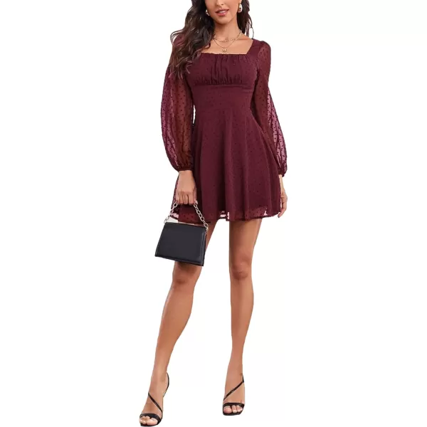 LYANER Women's Polka Dots Square Neck A line Long Sleeve Swiss Dots Mini Dress