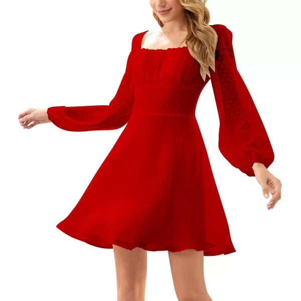LYANER Women's Polka Dots Square Neck A line Long Sleeve Swiss Dots Mini Dress
