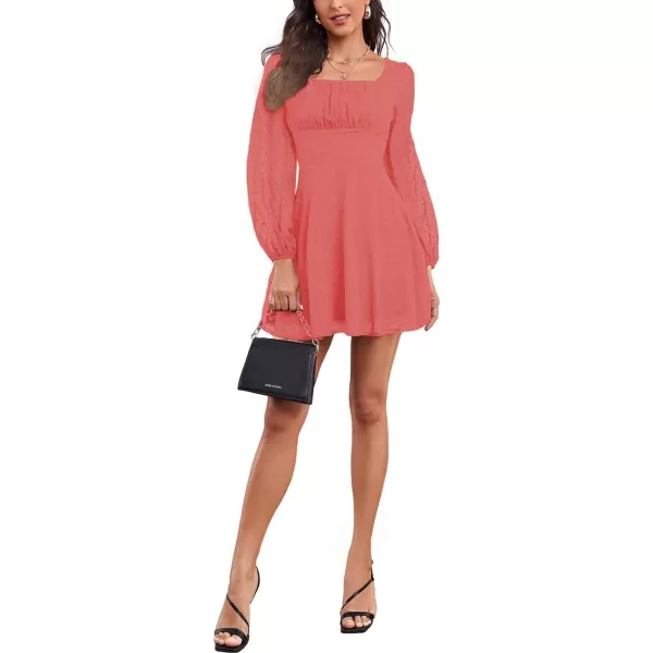 LYANER Women's Polka Dots Square Neck A line Long Sleeve Swiss Dots Mini Dress