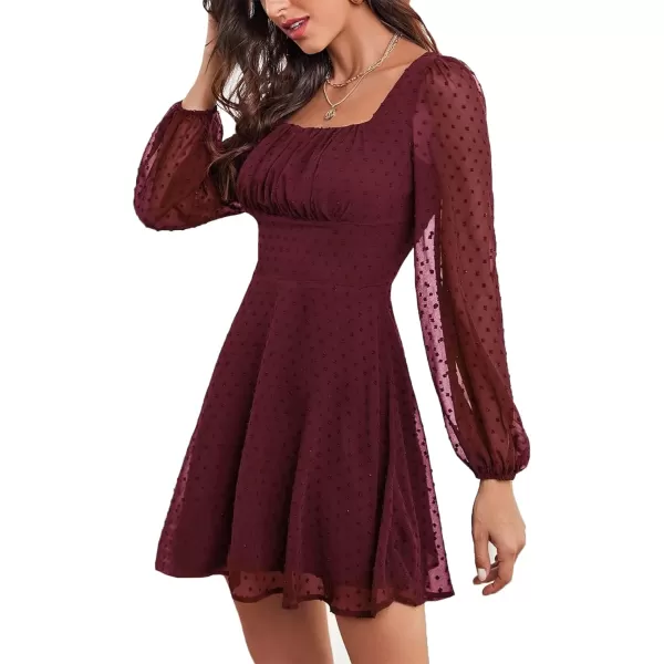 LYANER Women's Polka Dots Square Neck A line Long Sleeve Swiss Dots Mini Dress