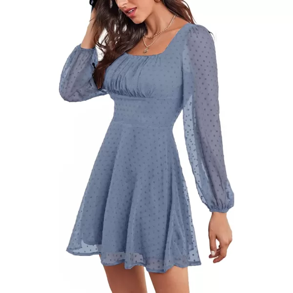 LYANER Women's Polka Dots Square Neck A line Long Sleeve Swiss Dots Mini Dress