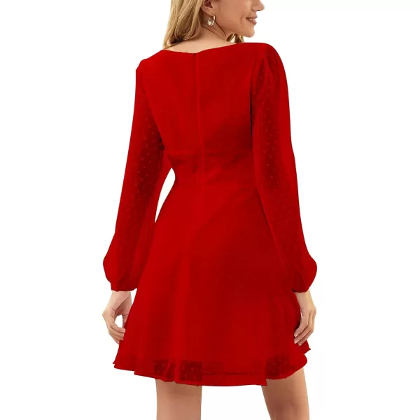 LYANER Women's Polka Dots Square Neck A line Long Sleeve Swiss Dots Mini Dress