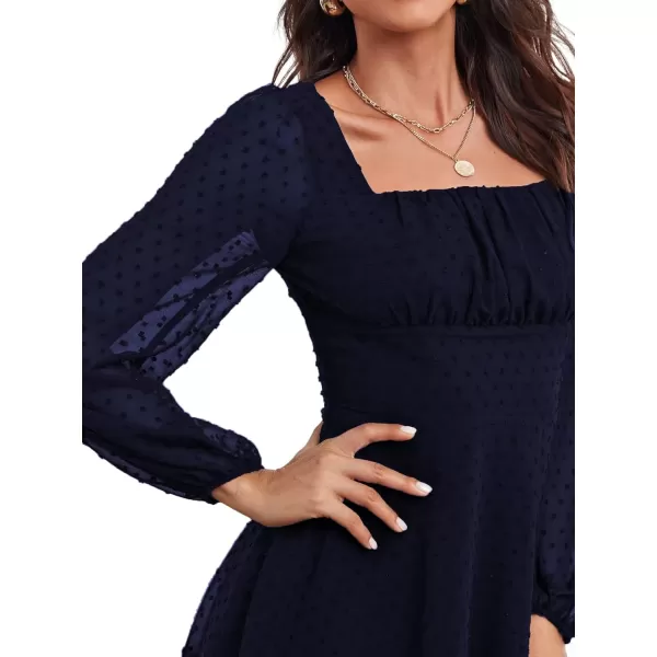 LYANER Women's Polka Dots Square Neck A line Long Sleeve Swiss Dots Mini Dress