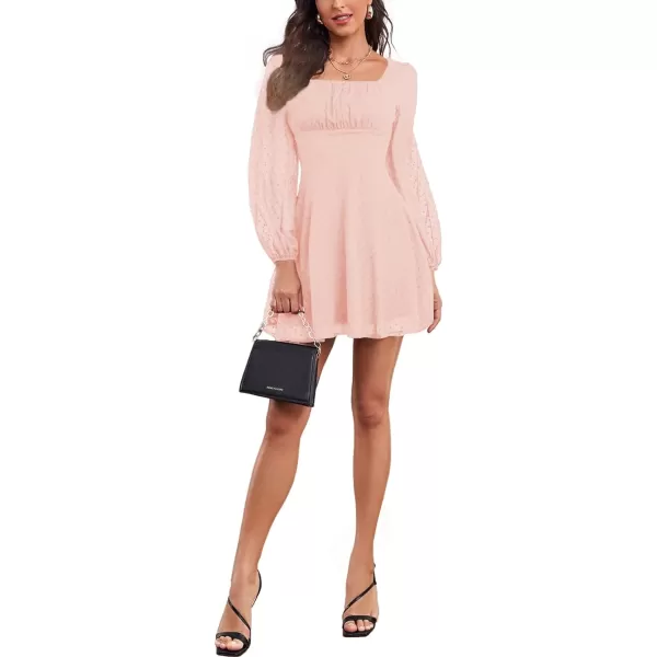 LYANER Women's Polka Dots Square Neck A line Long Sleeve Swiss Dots Mini Dress