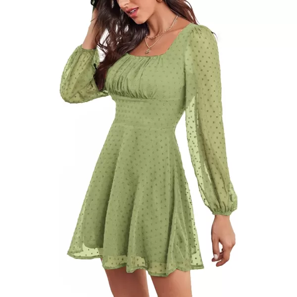 LYANER Women's Polka Dots Square Neck A line Long Sleeve Swiss Dots Mini Dress