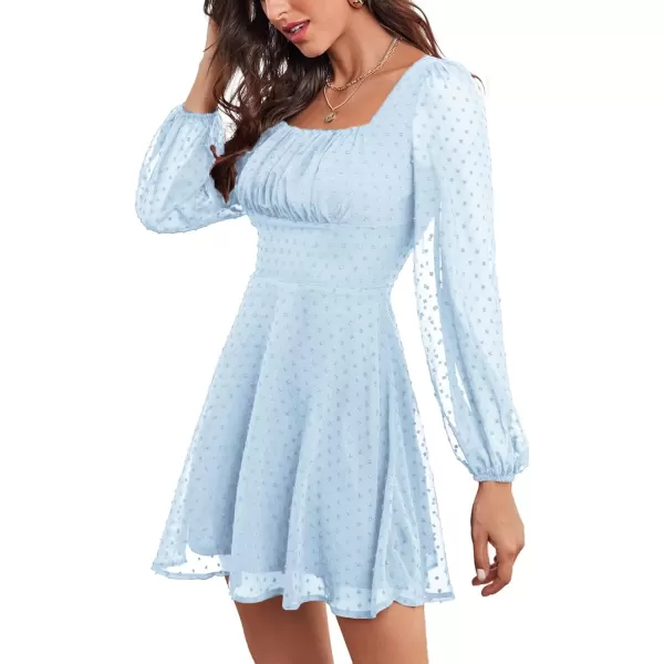 LYANER Women's Polka Dots Square Neck A line Long Sleeve Swiss Dots Mini Dress