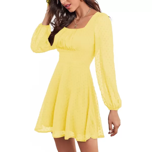 LYANER Women's Polka Dots Square Neck A line Long Sleeve Swiss Dots Mini Dress