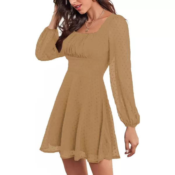 LYANER Women's Polka Dots Square Neck A line Long Sleeve Swiss Dots Mini Dress