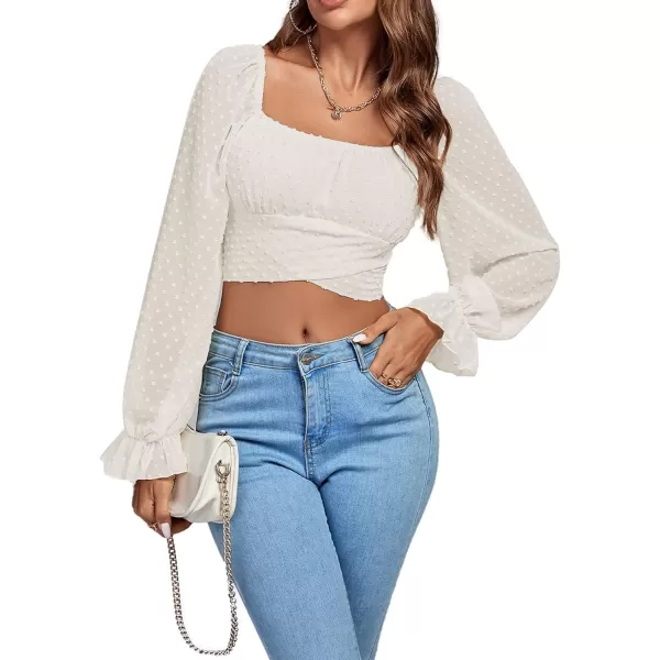 LYANER Women's Polka Dots Square Neck Wraped Self Tie Back Sheer Long Sleeve Crop Blouse Shirt Top