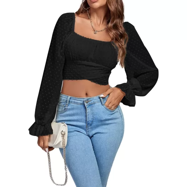 LYANER Women's Polka Dots Square Neck Wraped Self Tie Back Sheer Long Sleeve Crop Blouse Shirt Top