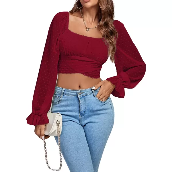 LYANER Women's Polka Dots Square Neck Wraped Self Tie Back Sheer Long Sleeve Crop Blouse Shirt Top