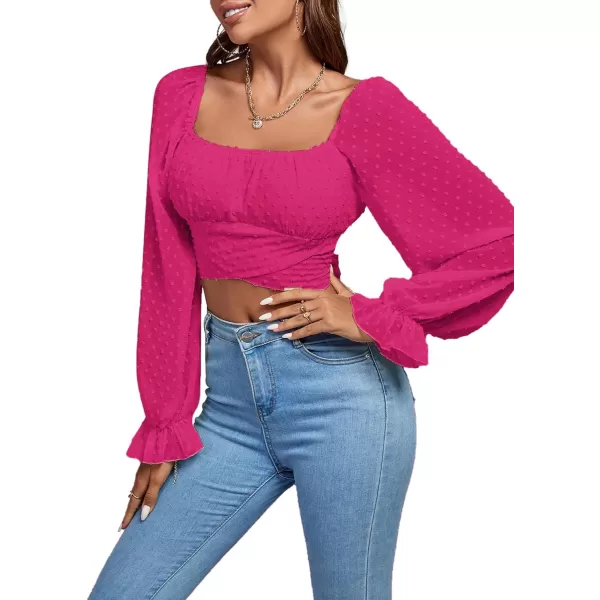 LYANER Women's Polka Dots Square Neck Wraped Self Tie Back Sheer Long Sleeve Crop Blouse Shirt Top