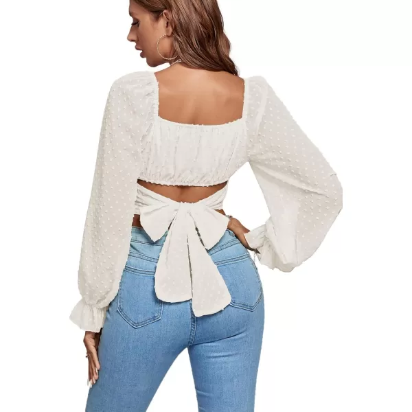 LYANER Women's Polka Dots Square Neck Wraped Self Tie Back Sheer Long Sleeve Crop Blouse Shirt Top