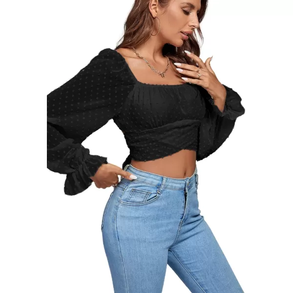 LYANER Women's Polka Dots Square Neck Wraped Self Tie Back Sheer Long Sleeve Crop Blouse Shirt Top
